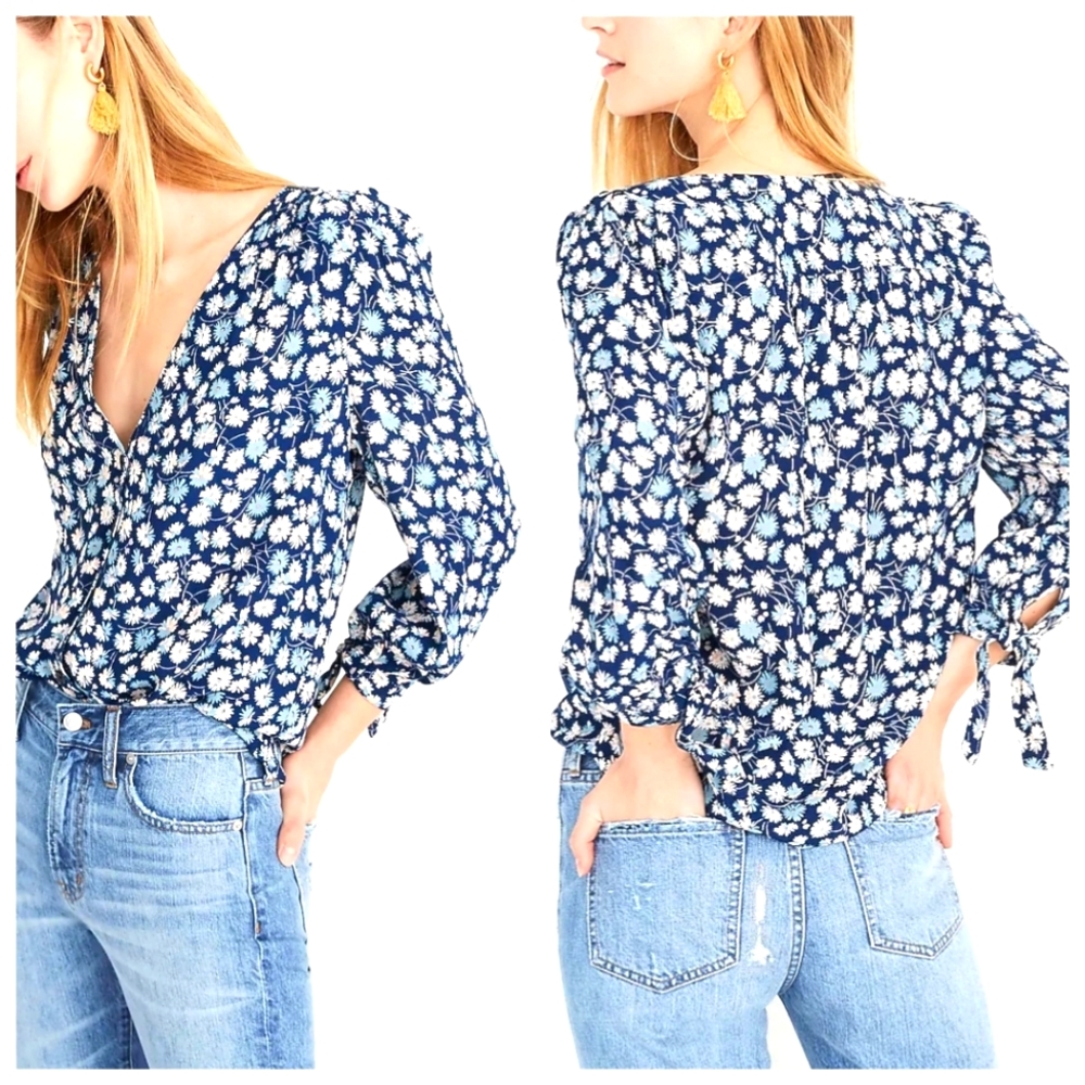 Madewell Tie-Sleeve Button-Down Navy Top in French Floral SZ M